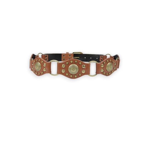Brown Studded Medallion Brass Link Fashion Belt - NEW - Picture 3 of 4